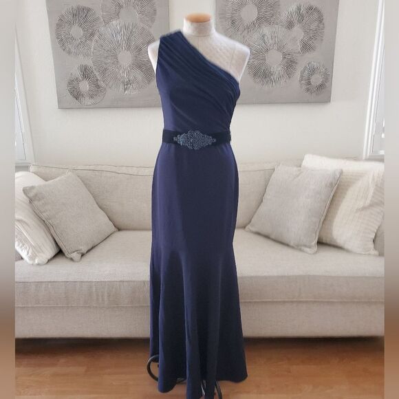 Eliza J Belted One Shoulder Fit & Flare Gown - size 8 in Blue - Picture 3 of 15